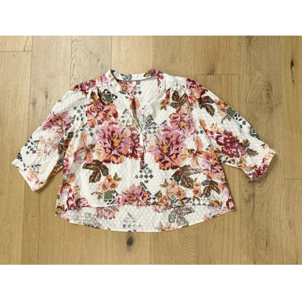 Pilcro Anthropologie Floral Surf Top Blouse Swiss Dot Henley Boho Pink Cream XL - Picture 5 of 12